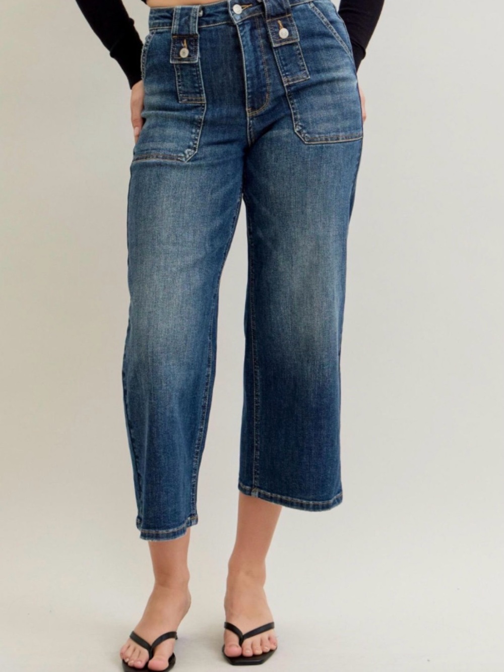 Judy Blue Medium Dark Blue Cropped Utility Wide-Leg Jeans